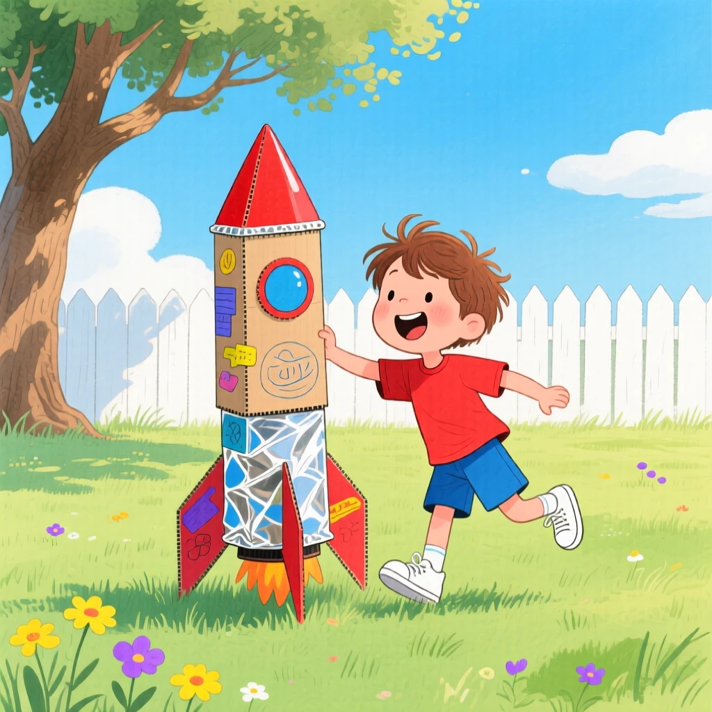 A young boy flying a homemade rocket in a backyard field.