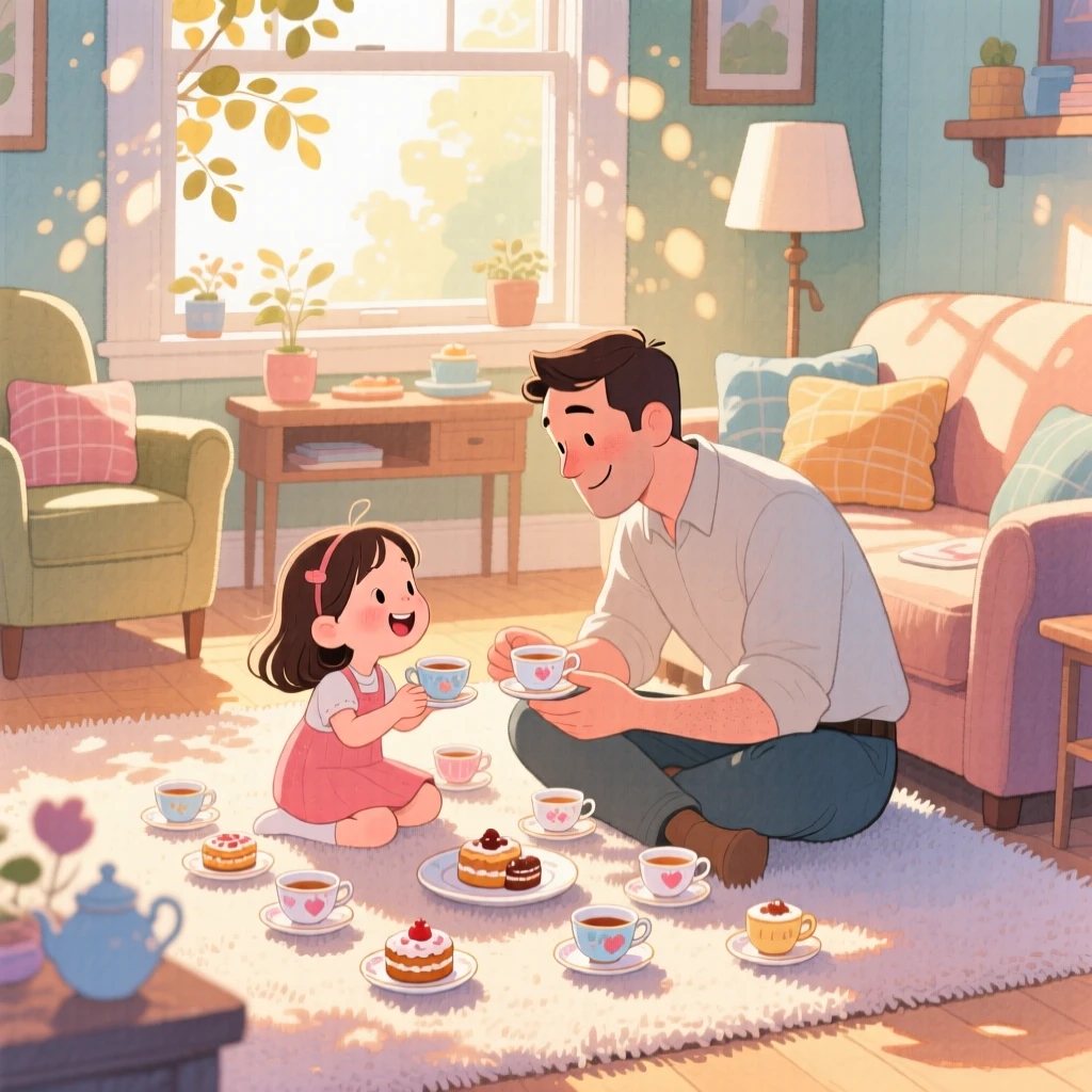 A father and daughter having a tea party with tiny cups on the living room floor, in a cozy carpeted living room, with soft afternoon light filtering through leaves, playful bonding and imagination.