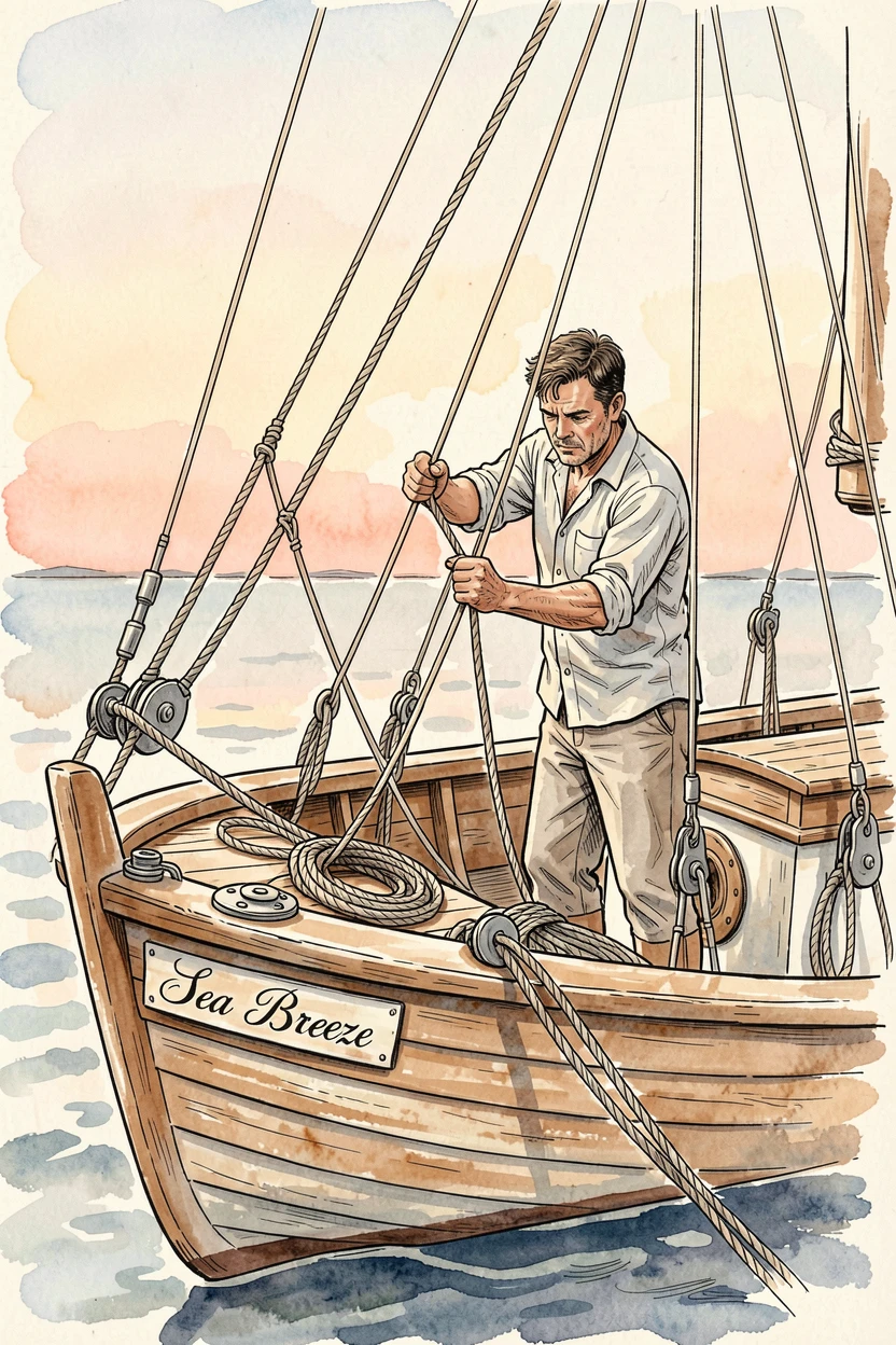 A sailor adjusting the rigging on a small wooden boat at dawn, the setting filled with the tools and textures of the craft.