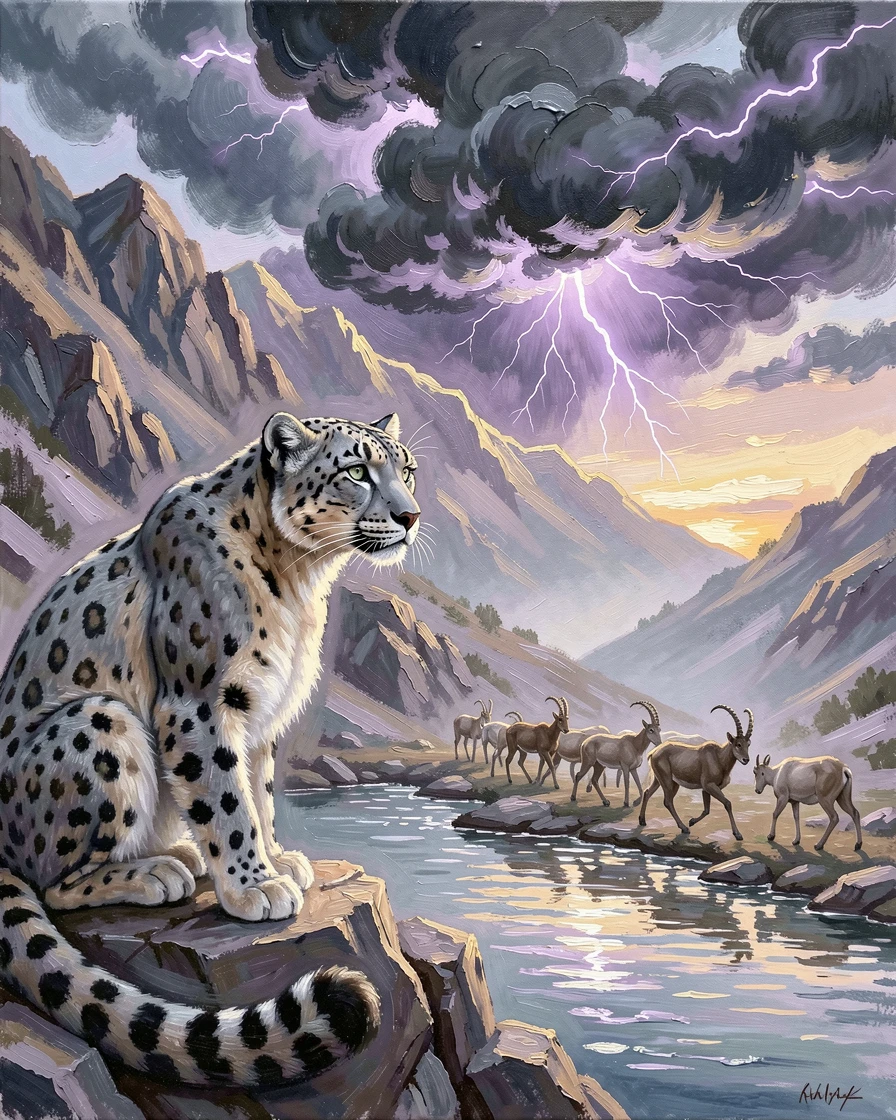 Beside a watering hole at dawn, a snow leopard perched on a rocky mountain ledge, the herd moving together in perfect coordination, during a dramatic thunderstorm rolling in from the horizon.