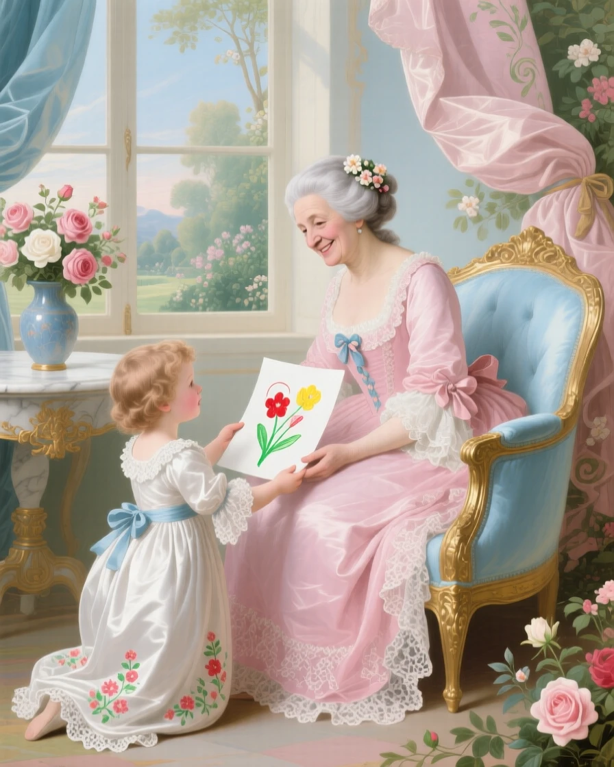 A child presenting a handmade drawing to a smiling grandmother  