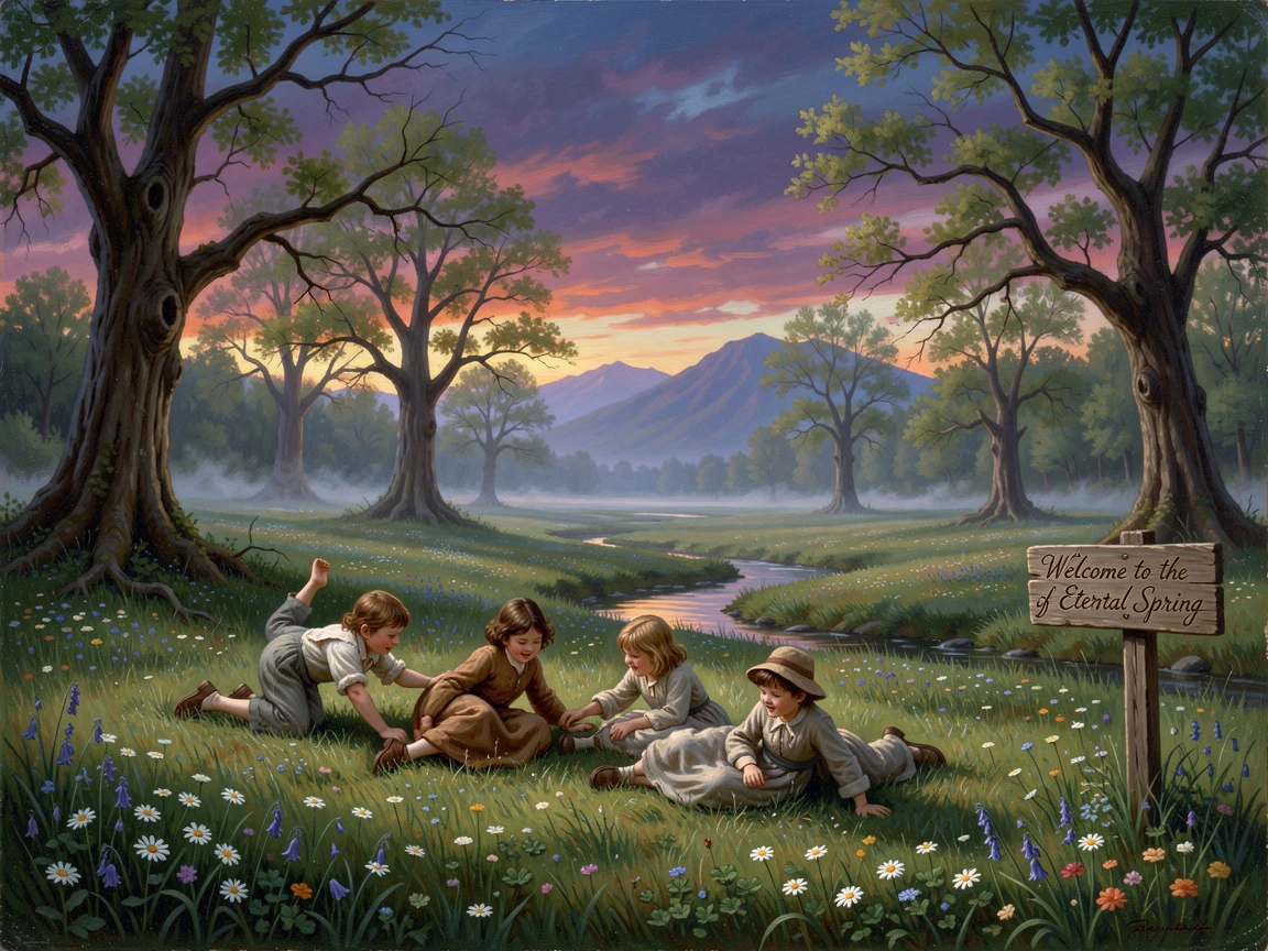 Children fall softly over a summer meadow at twilight as the world awakens after winter.