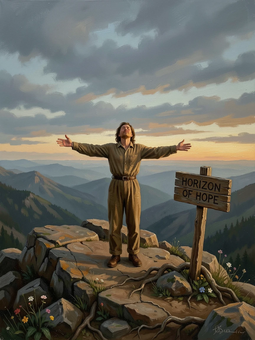 A person standing at a mountaintop overlook, arms wide open to the horizon, as the setting itself echoes the emotional weight of the scene, radiating hope, gratitude, and heartfelt connection