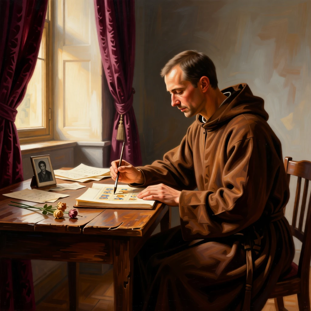 A monk illuminating a manuscript in a quiet scriptorium captured in a quiet, introspective moment, set in a sunlit drawing room with heavy velvet curtains, surrounded by scattered letters, a faded photograph, and dried flowers; soft background blur isolates the sitter as the clear focal point, capturing grace under the weight of everyday devotion.