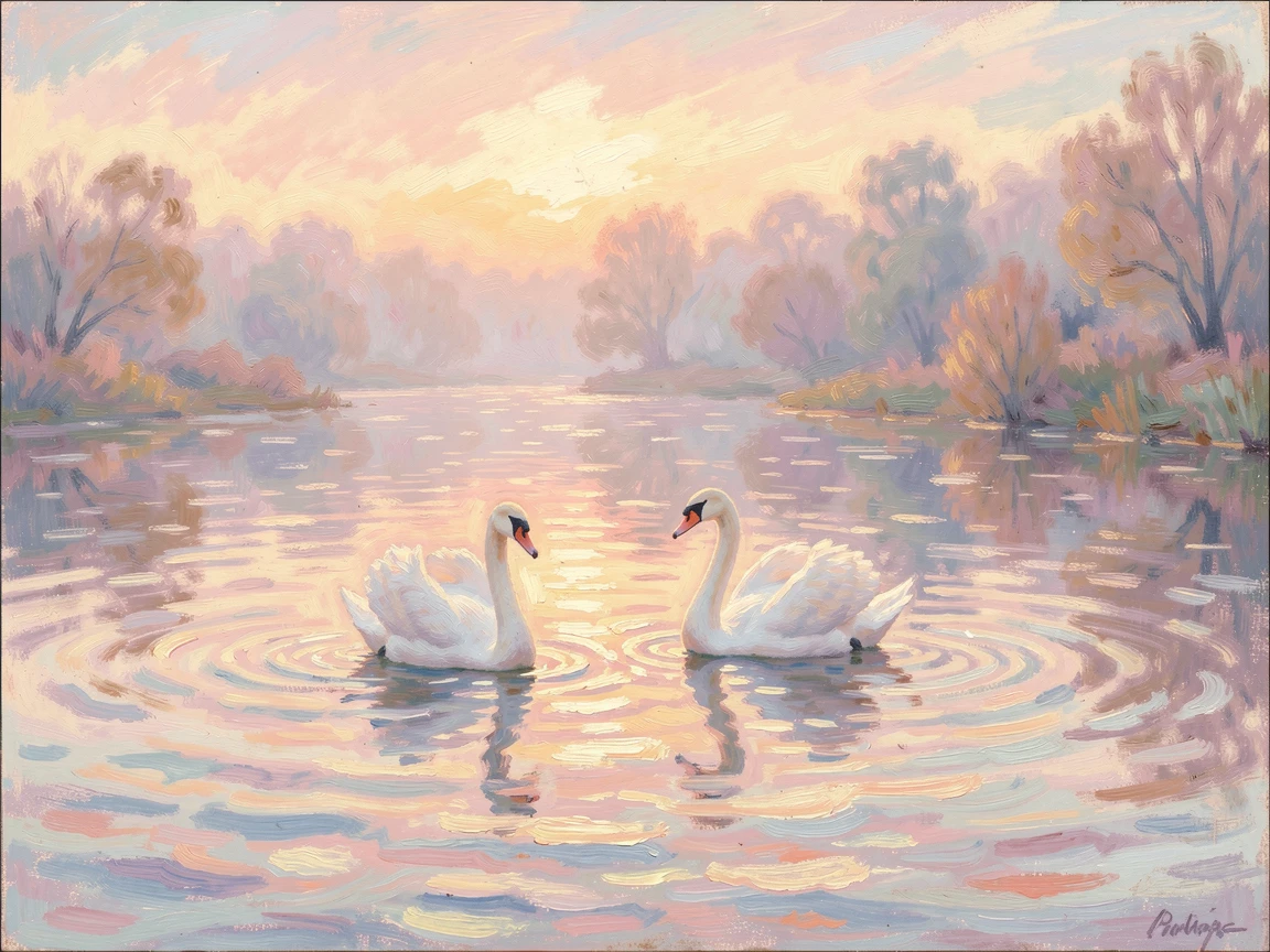 A pair of swans gliding across a still lake at dawn, ripples trailing gently behind them, as the first light of dawn breaks, capturing a moment of quiet intimacy.