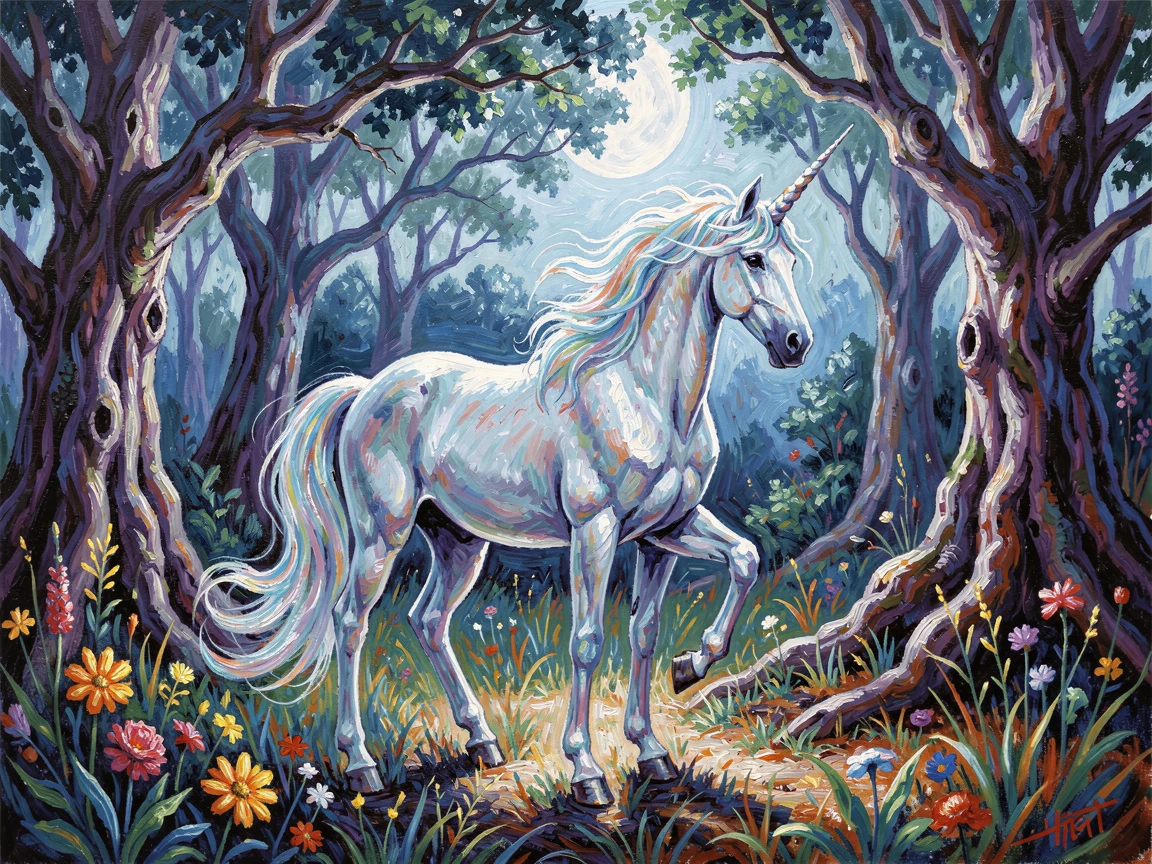 A unicorn standing at the edge of an enchanted glade bathed in moonlight.