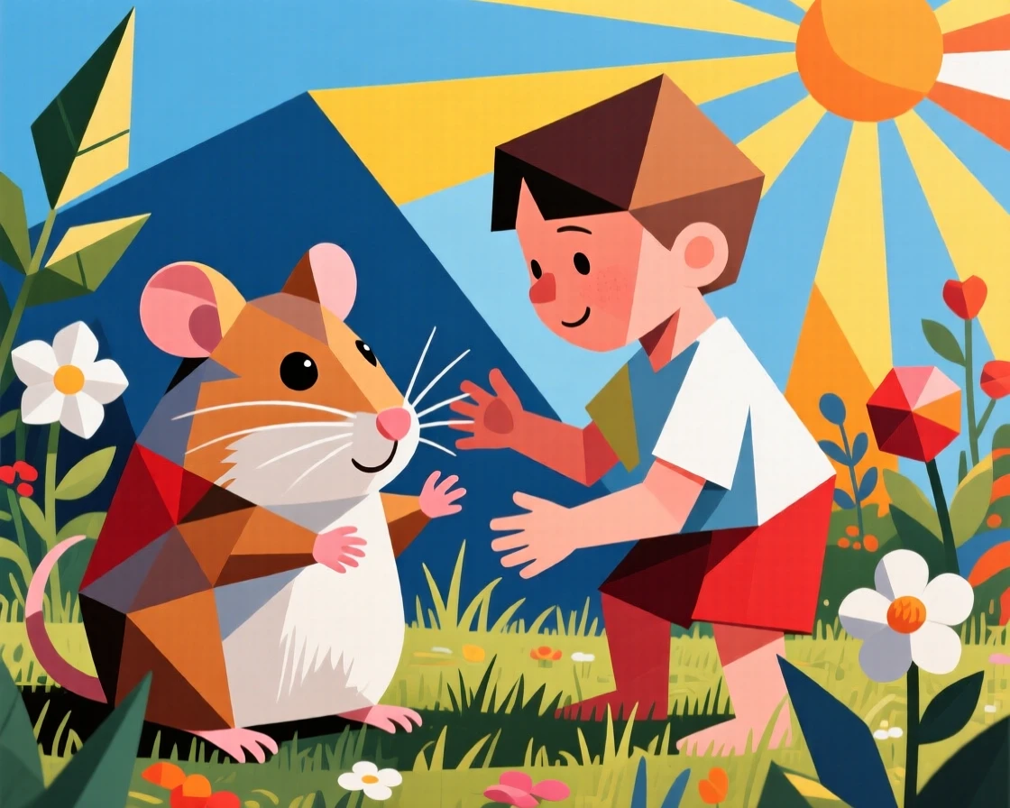 A charming close-up of a tiny hamster playing with a child in a garden on a bright afternoon.