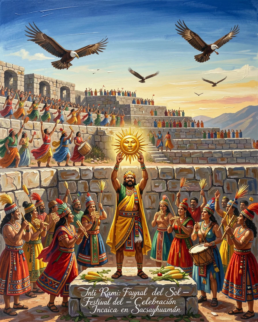 A colorful Peruvian Inti Raymi festival reenacts an ancient Incan sun ceremony atop Sacsayhuamán's ancient stone terraces, small cultural details woven throughout the scene, grounding it in a specific time and place.