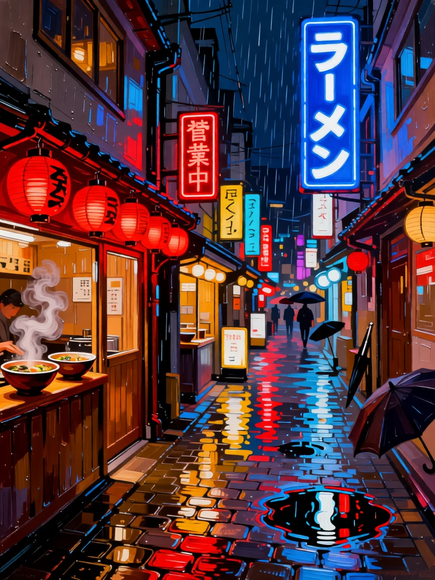 A neon-lit ramen alley in Osaka glowing with red lanterns on a rainy night