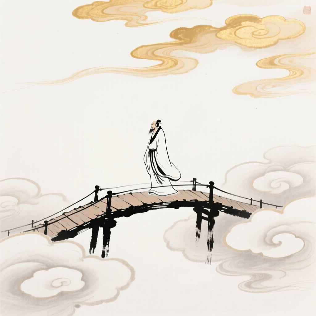 An immortal walks calmly across a bridge suspended between two clouds, beneath a sky filled with drifting golden clouds.