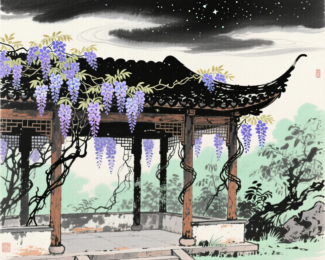 An abandoned garden pavilion reclaimed gently by wisteria vines, under a sky streaked with clouds, under a sky full of stars.