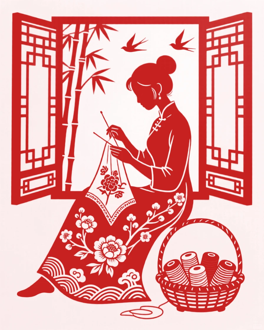 A woman embroidering a silk handkerchief by an open window, thread spools arranged in a small basket