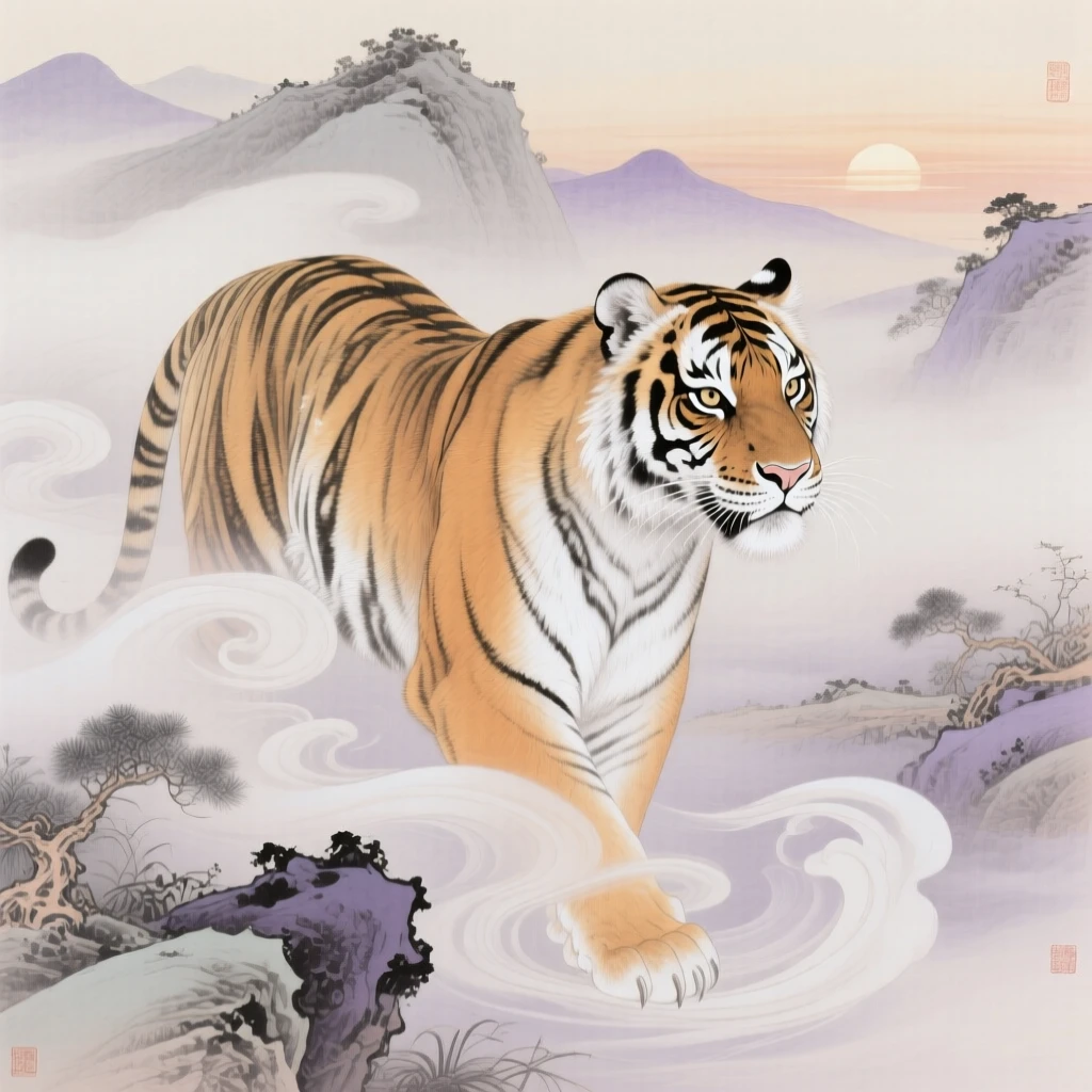A spirit tiger with faintly glowing stripes through a swirling mist at dawn