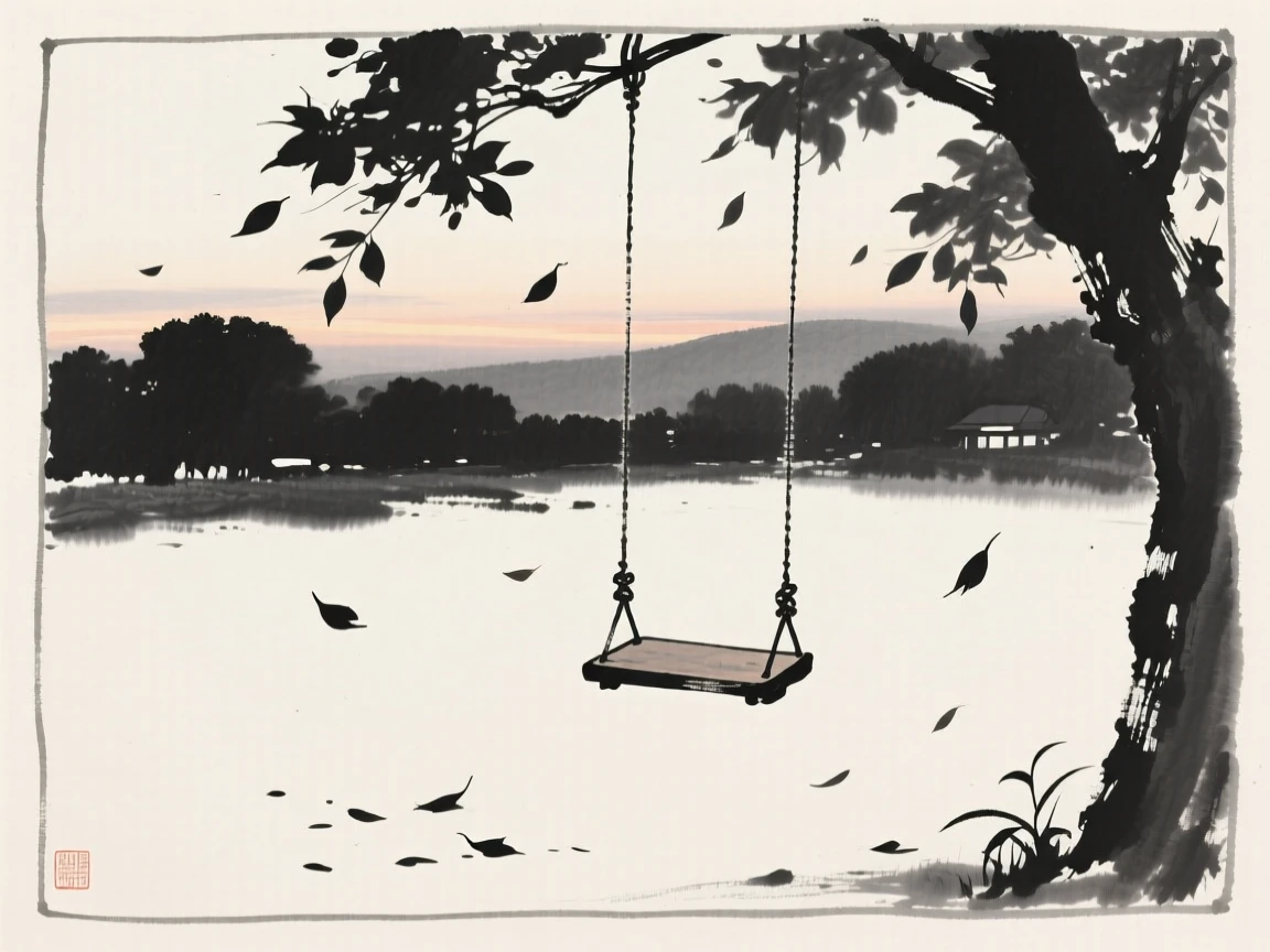An empty garden swing beneath falling leaves as evening settles quietly over the land, framed minimally, letting emptiness carry the mood, evoking deep introspection and quiet solitude.