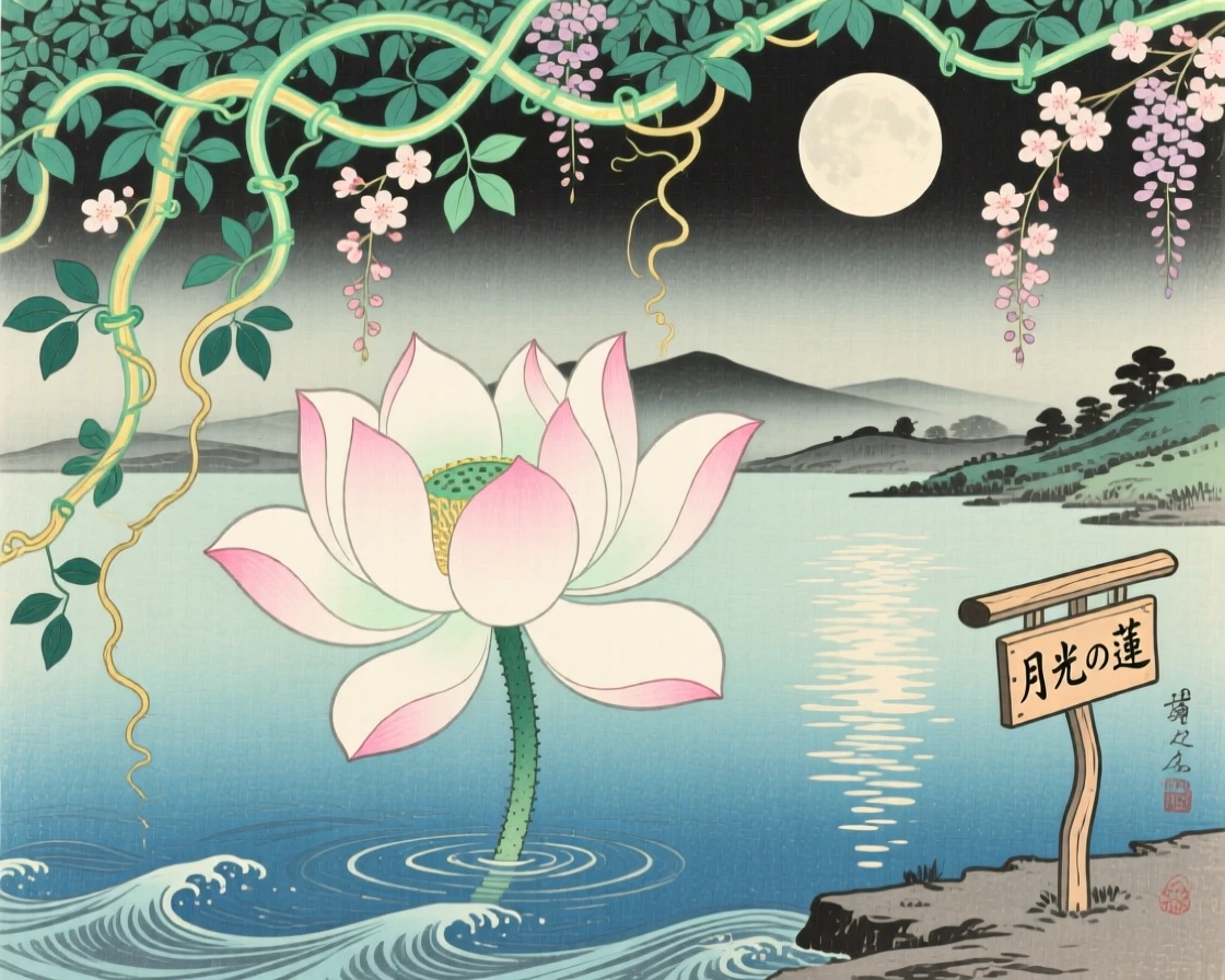 A giant lotus flower blooming atop a moonlit lake, beneath a canopy of luminous vines.