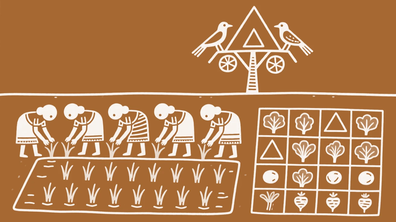 A group of women transplanting rice seedlings tending to a small vegetable garden.