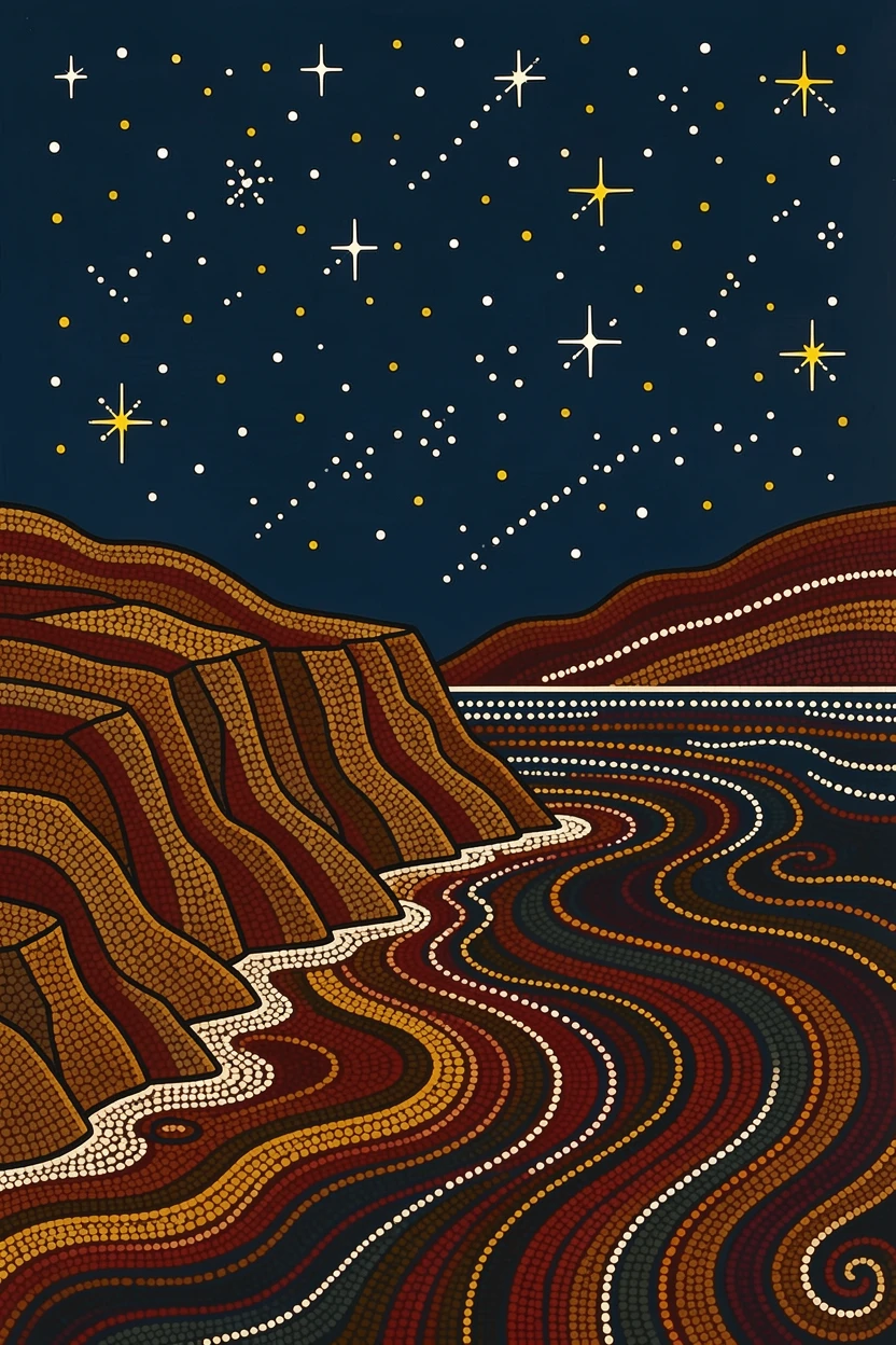 A rugged coastline beneath a starry night sky