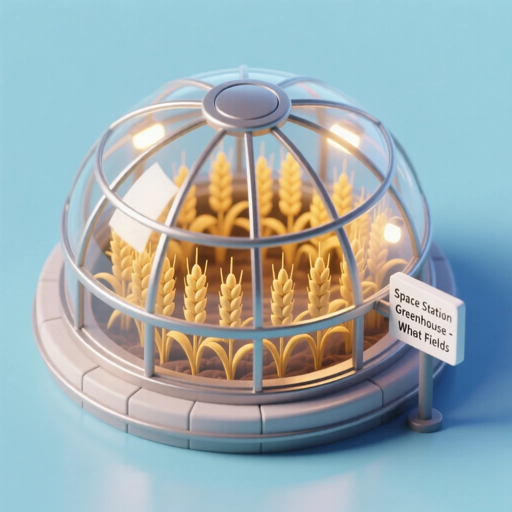 A space station greenhouse ring rotating slowly, tending fields of wheat glowing gold under artificial sunlight.