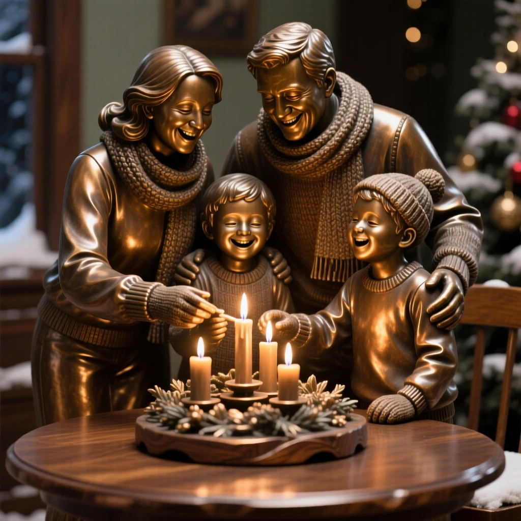 A family lighting candles during a winter celebration, filled with warmth, color, and joy, celebrating shared human joy
