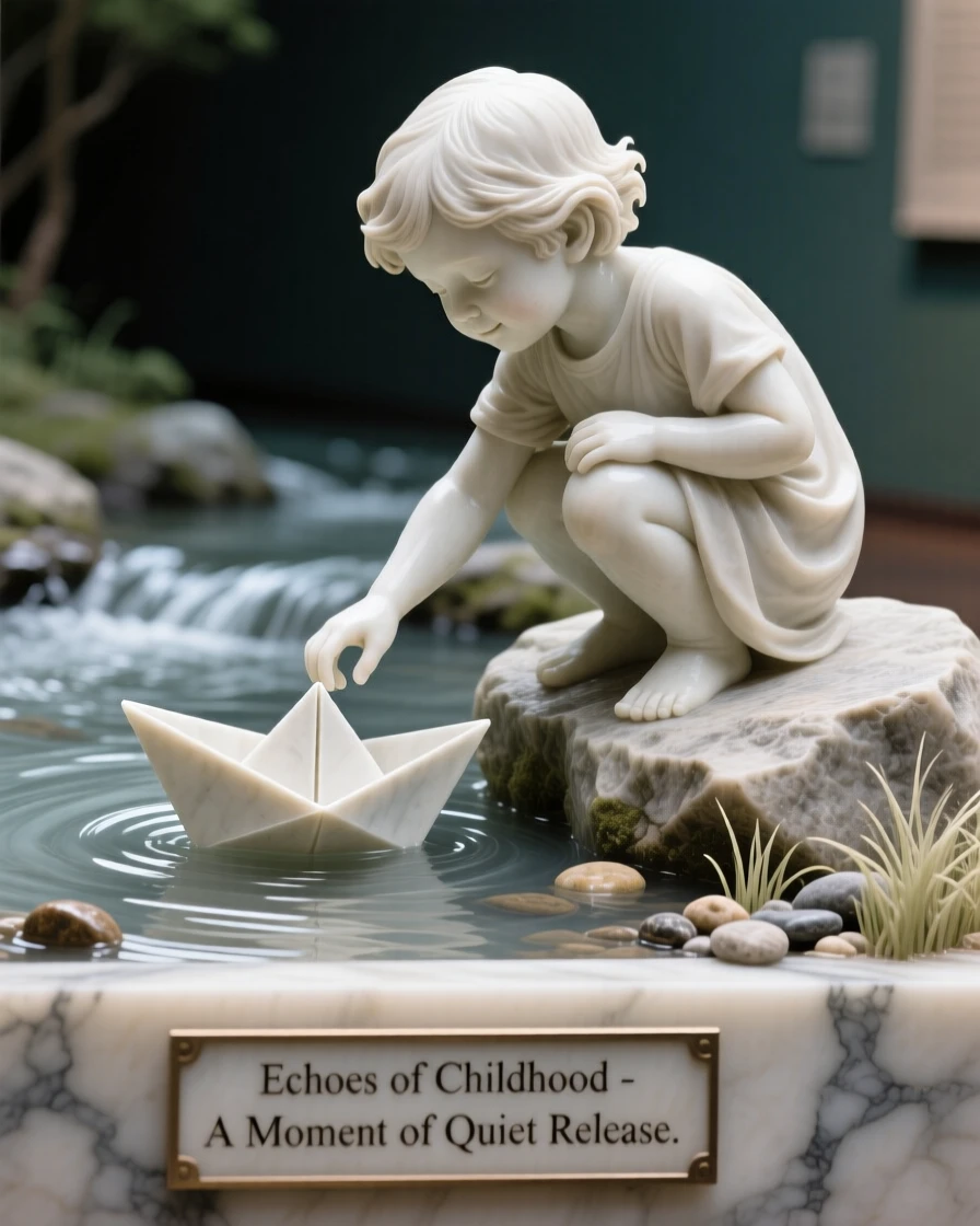 A beautifully composed image of a child releasing a paper boat into a stream, in a moment of quiet stillness, full of atmosphere and visual storytelling