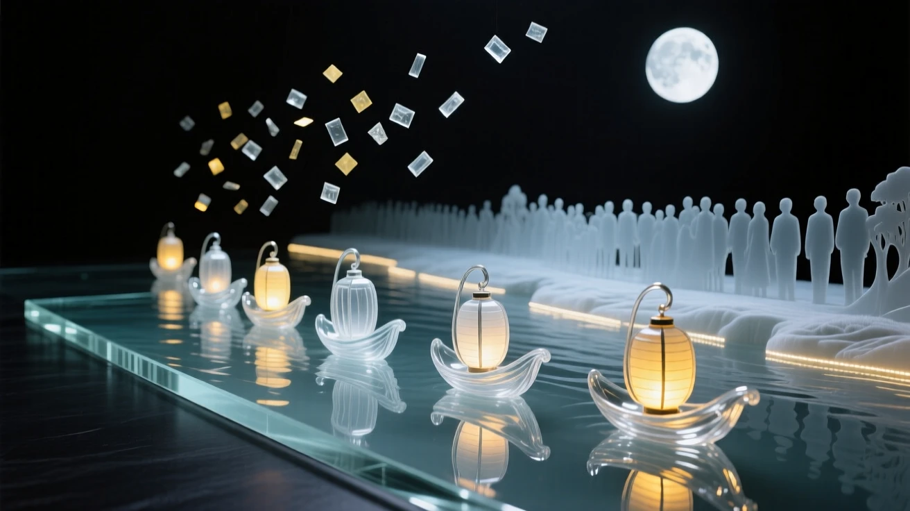 As confetti drifts through the air above the crowd, a procession of lantern floats drifting down a nighttime river, while drums echo steadily through the crowd