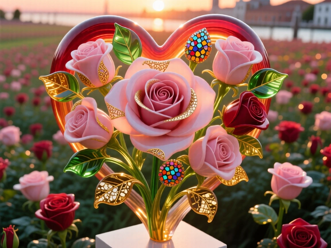 A field of blooming roses arranged to form a blooming heart from above at sunset, romantic and iconic.