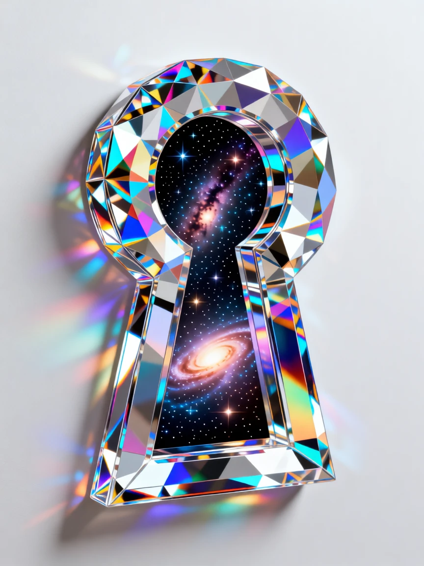 A surreal keyhole revealing a miniature galaxy contained within a bedroom wall.