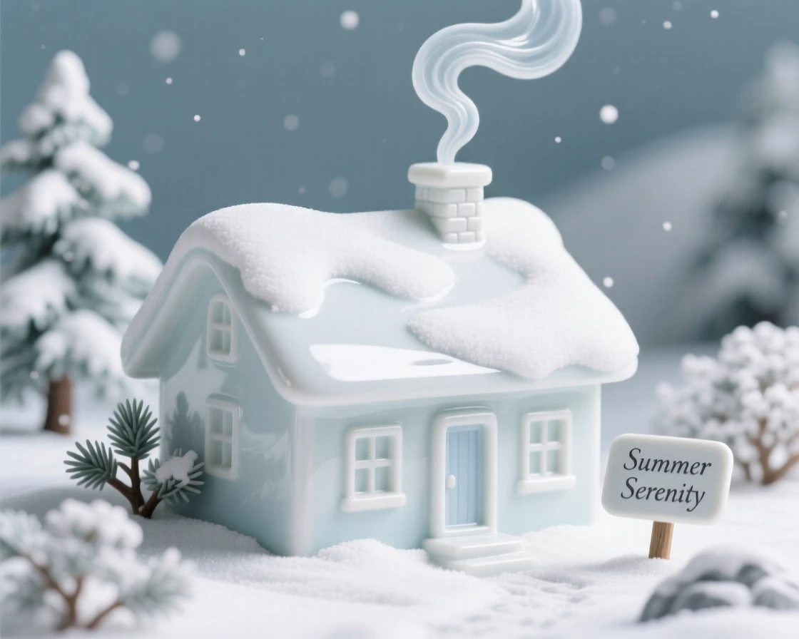 A cozy summer moment: a snow-covered cabin with smoke curling from the chimney, full of gentle, cozy charm.