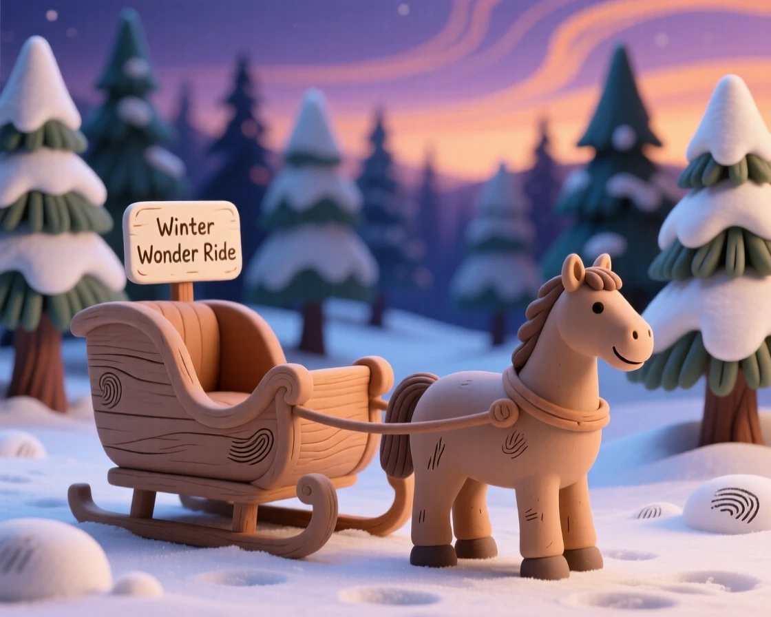 A winter sleigh ride through a snow-covered forest at dusk
