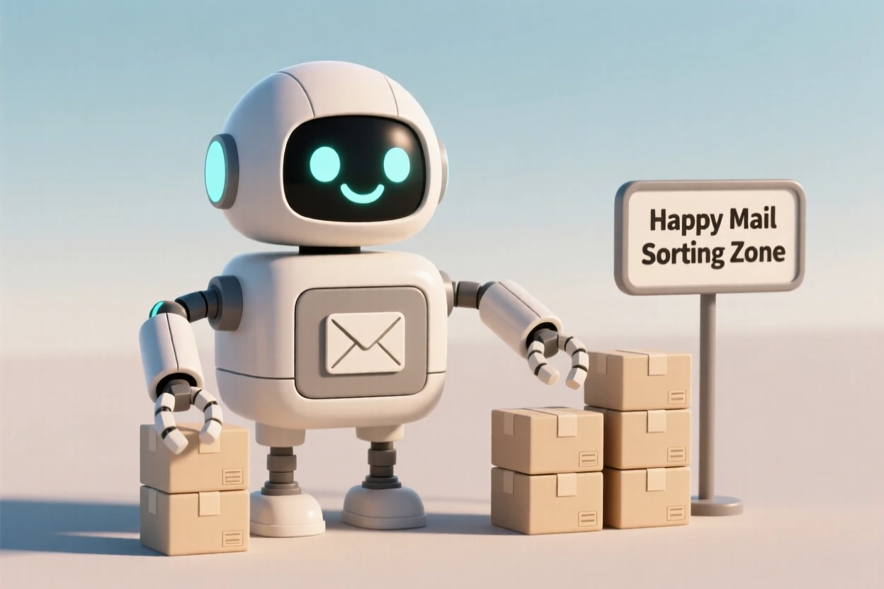 A cheerful robot mail sorter hums a happy tune while stacking packages with perfectly synchronized mechanical arms.