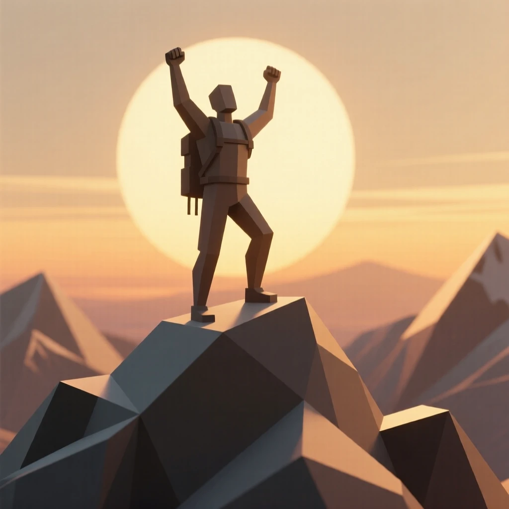 A hiker standing triumphantly on a mountain summit, beneath a soft golden sunset. soft backlighting creates a warm, glowing silhouette. It captures a feeling of quiet triumph.