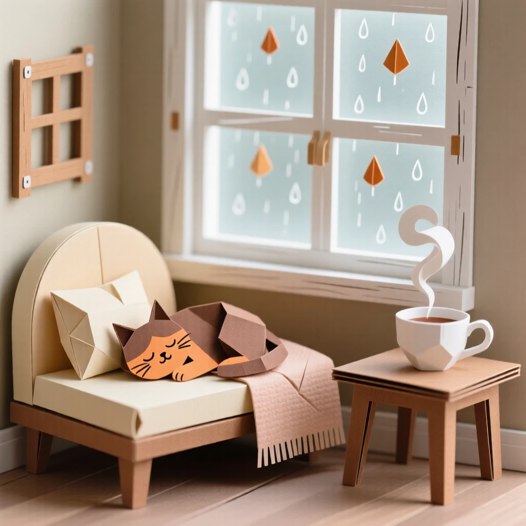 A cozy reading nook with a sleeping cat framed by gentle falling rain, with steam rising gently from a warm drink, evoking cozy domestic warmth.