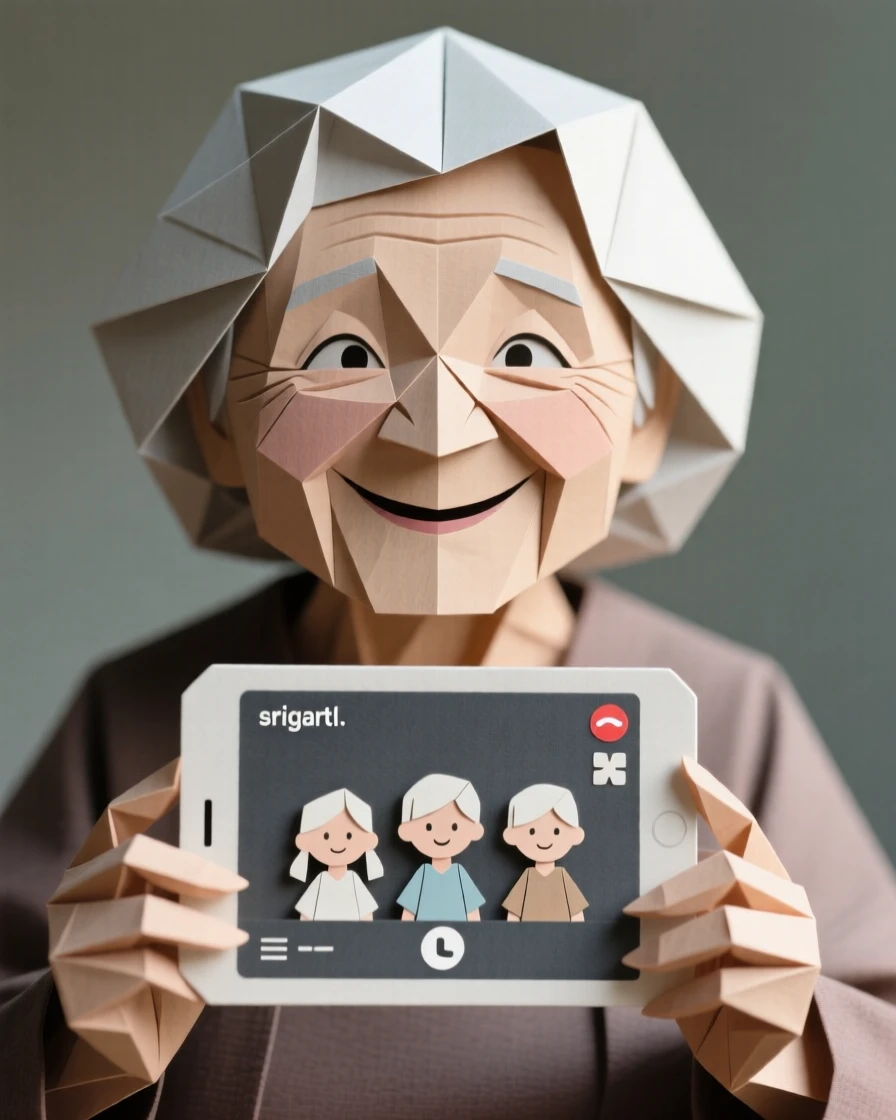 A grandmother's face lighting up as she opens a video call with distant grandchildren.