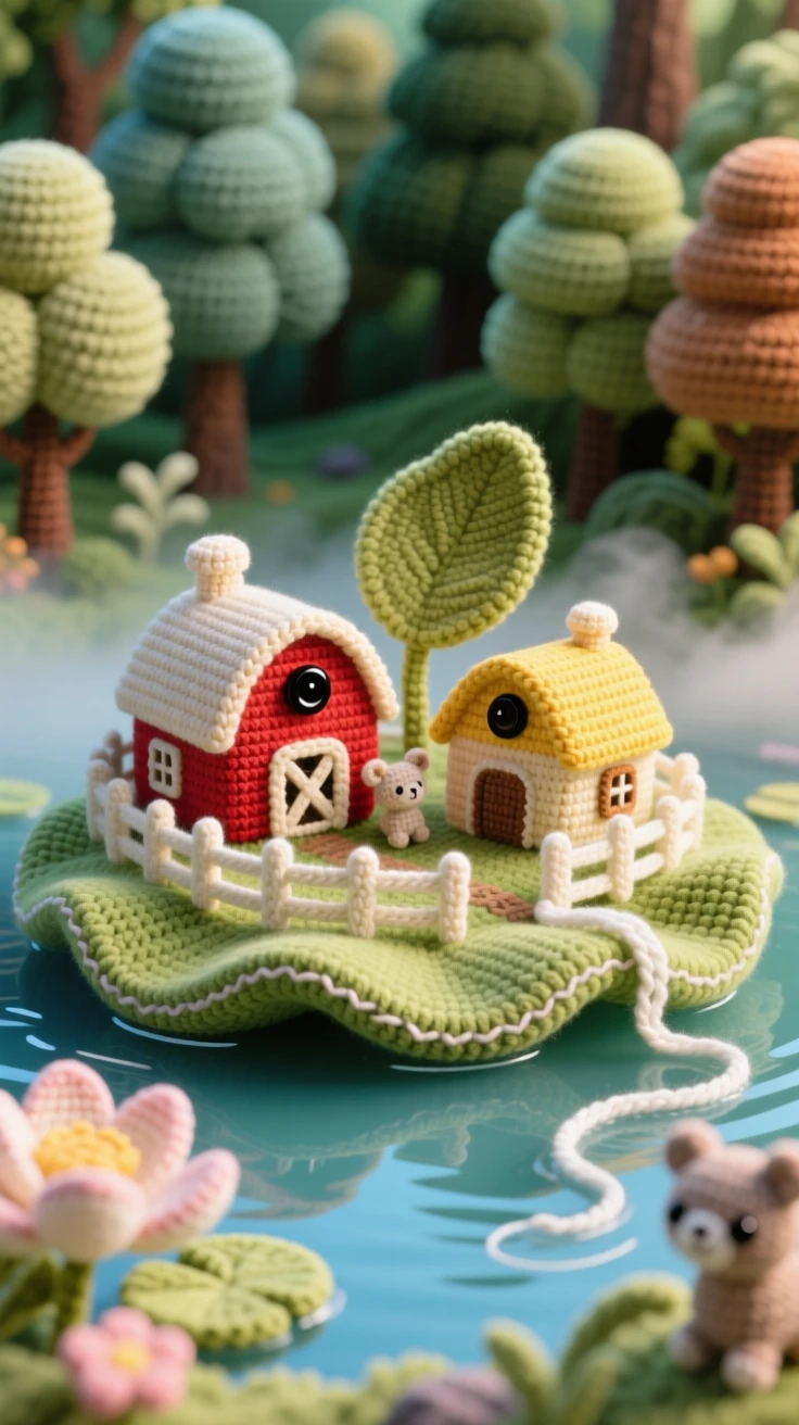 a miniature farm built on a giant lily pad, with tiny barns and fences, floating gently across a still pond, nestled within a softly glowing forest, with a small ribbon of drifting mist, evoking a dreamlike, storybook charm.