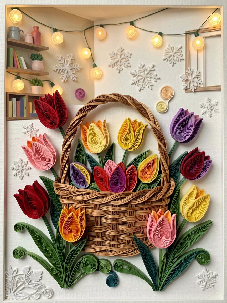 a springtime Easter basket nestled among tulips, in a cozy living room decorated for the holidays, arranged with warm twinkling lights scattered throughout, with soft snowflakes drifting gently down.