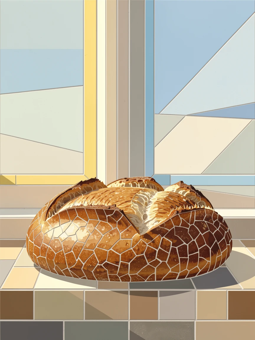 A rustic loaf of freshly baked sourdough bread cooling on a windowsill, styled beautifully with warm natural window light.