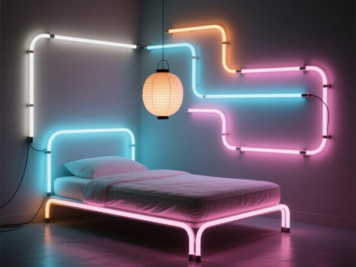 A minimalist bedroom with a single low platform bed and a paper lantern.