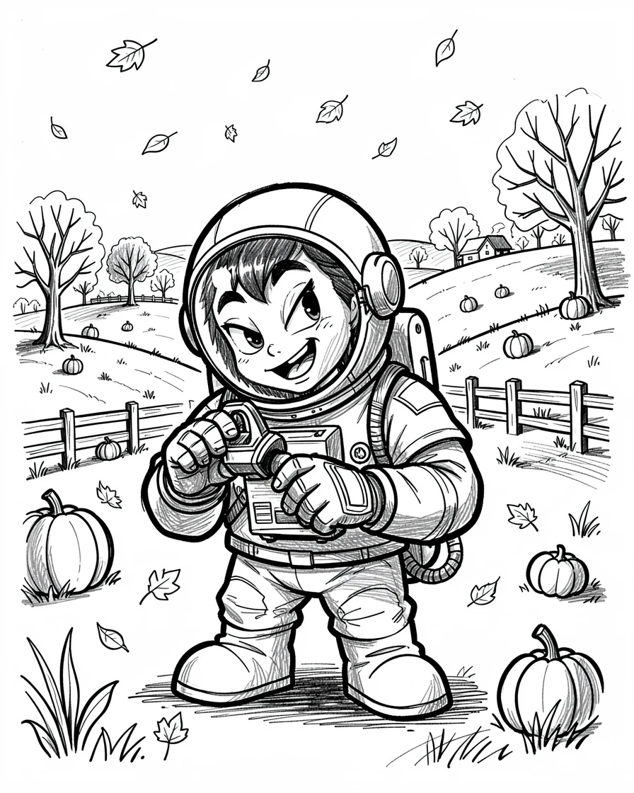An astronaut checking equipment before a launch on a sprawling autumn farm.