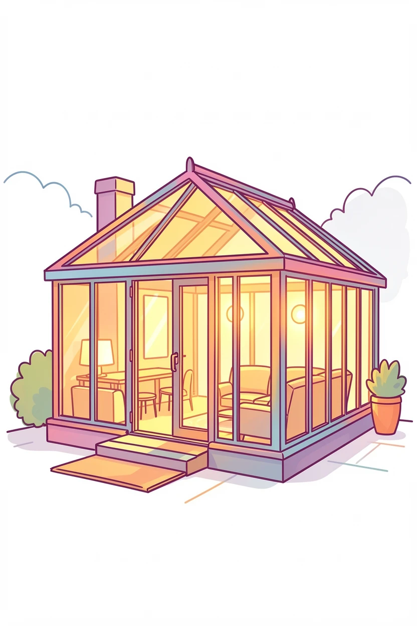A modern glass conservatory glowing warmly at dusk.