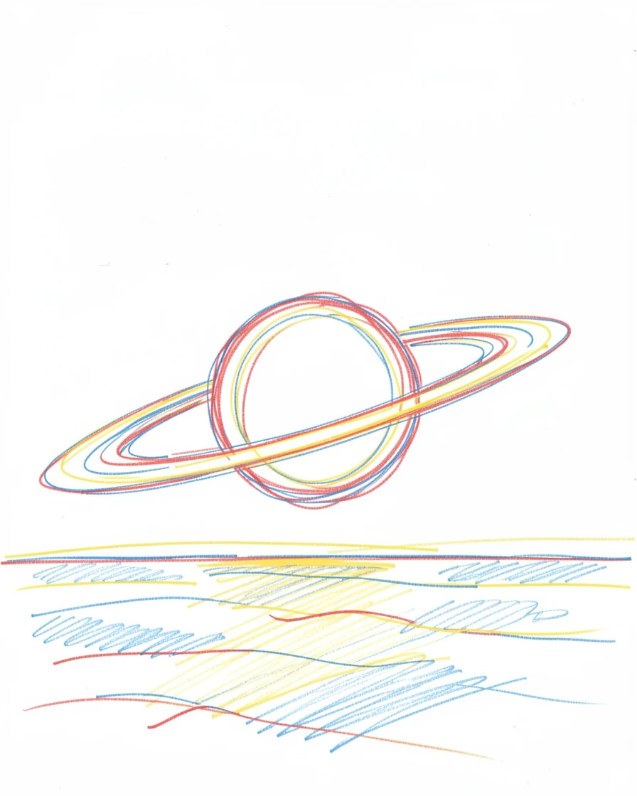 A ringed exoplanet rising over an alien ocean horizon