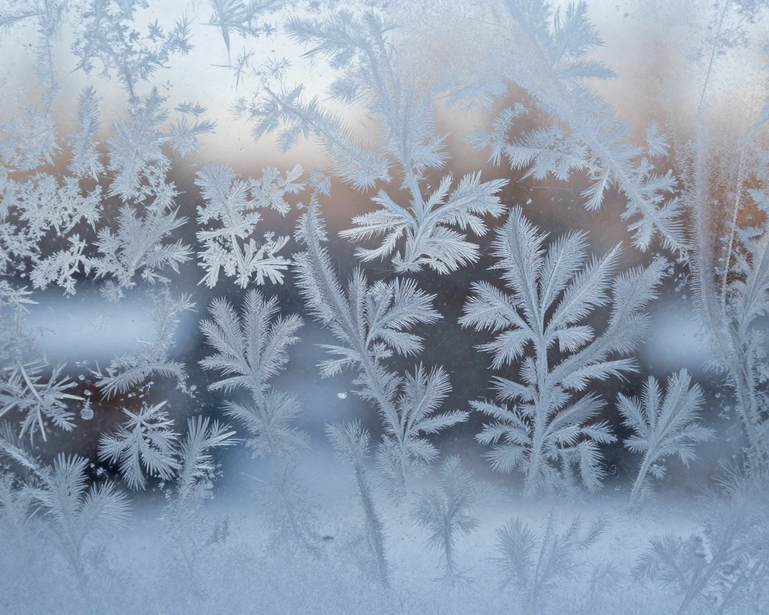 A close-up of frost patterns forming on a window pane