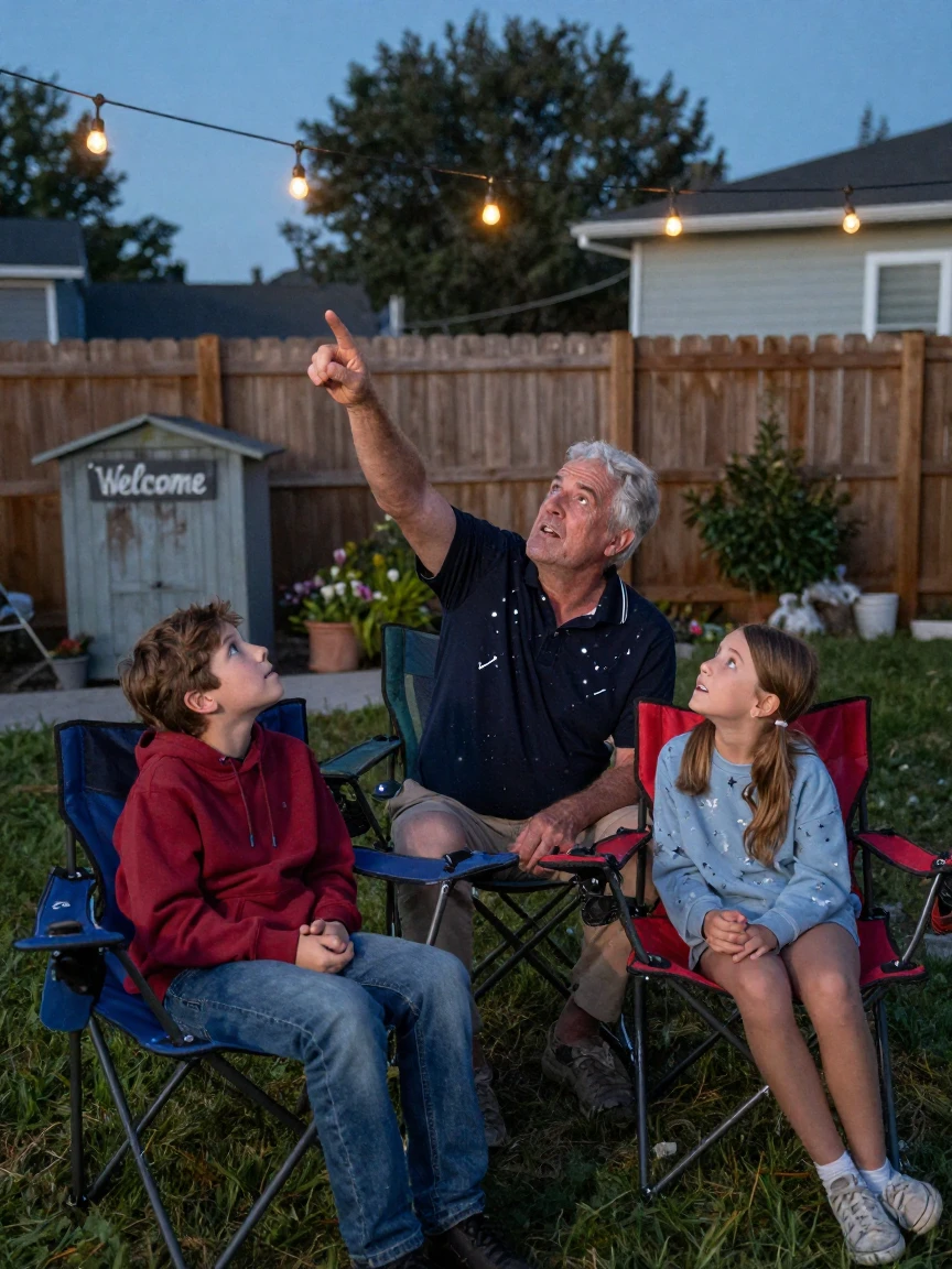A retired sailor points out constellations to his grandchildren from lawn chairs in a backyard.