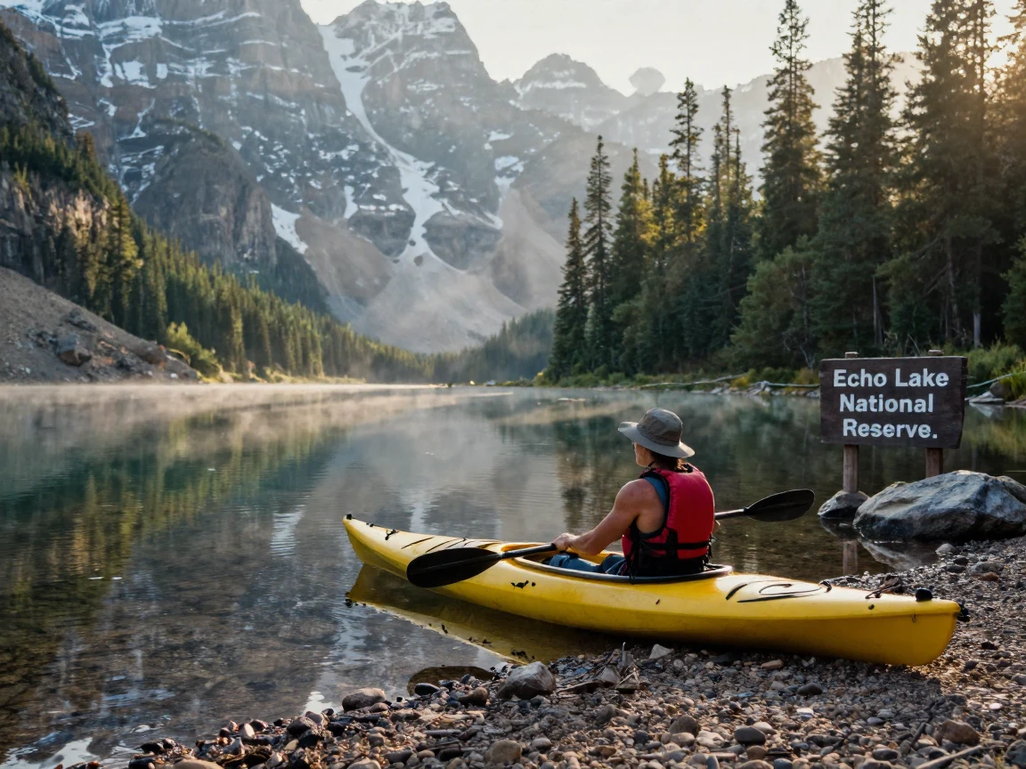 A solo kayaker pausing to catch their breath after a long effort beside a mountain lake