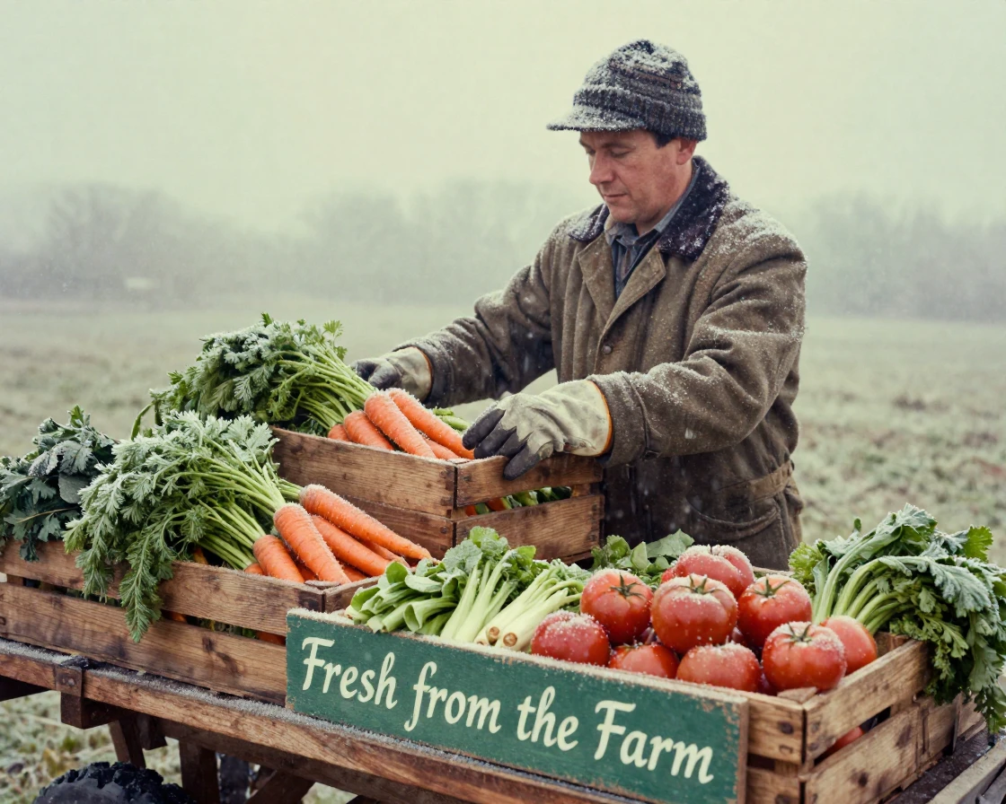 A vendor stacking crates of fresh vegetables before opening, under a pale winter sky, with frost coating every surface, during the long days of summer, in soft muted pastels, through a rain-streaked window.