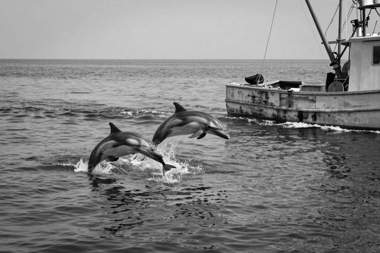 A pair of dolphins plays in a boat's wake behind a slow-moving fishing boat.