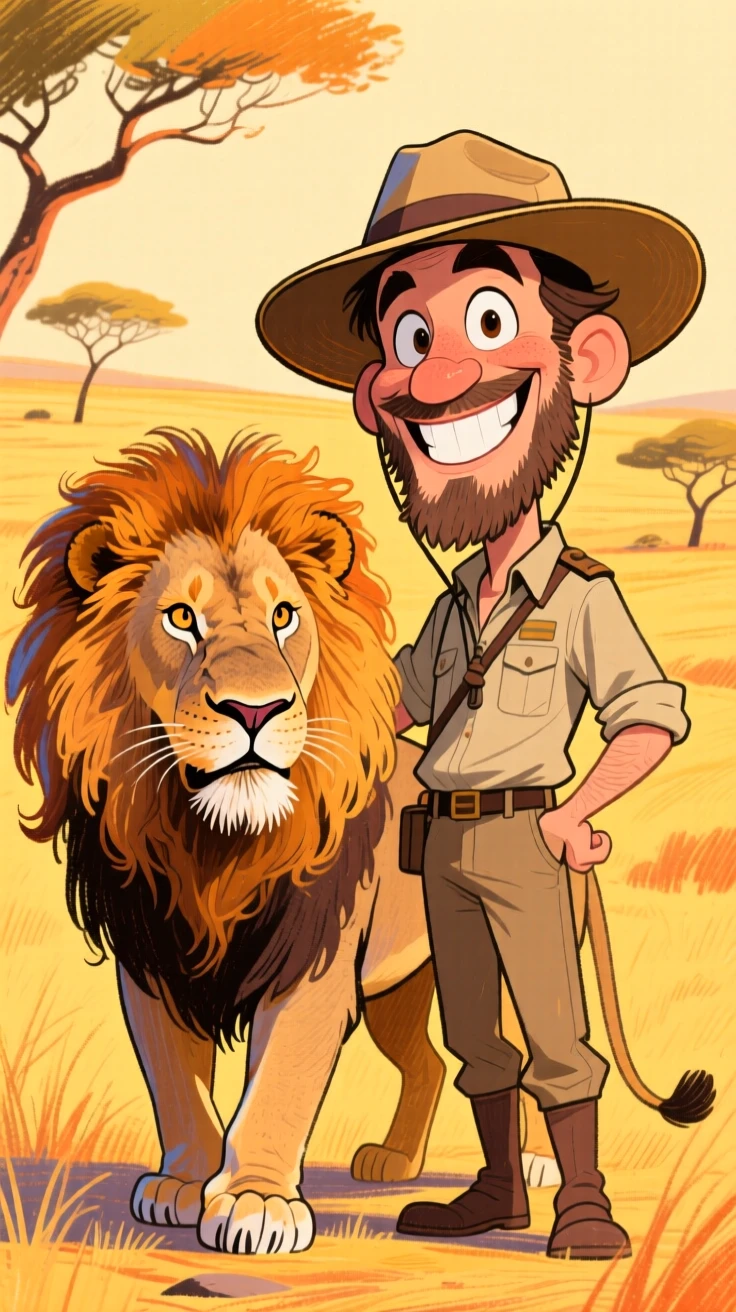A daring safari guide standing calmly beside a majestic lion in the golden savanna.