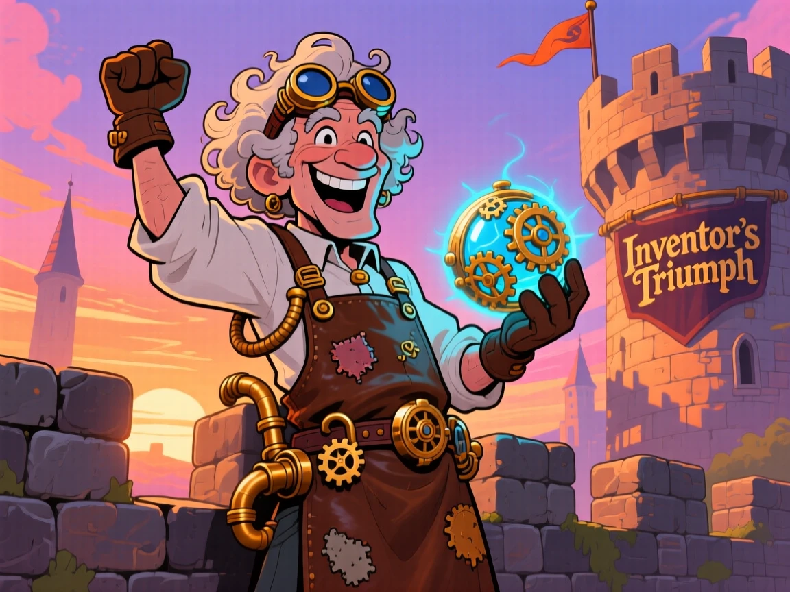 An imaginative fantasy scene of a steampunk inventor standing triumphantly atop a castle wall at sunrise, with a legendary artifact clutched tightly.