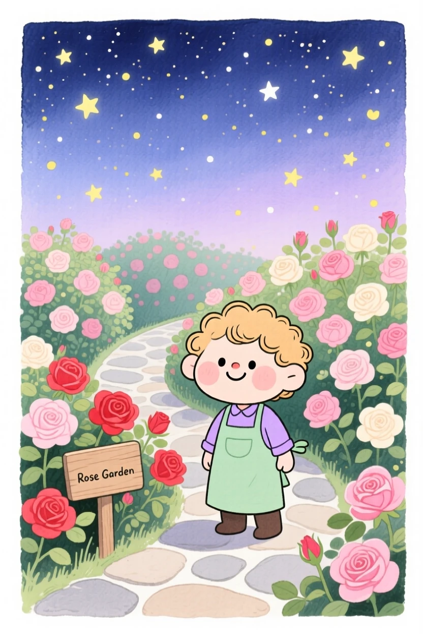 A serene landscape of a rose garden in full bloom surrounded by a stone path under a blanket of stars