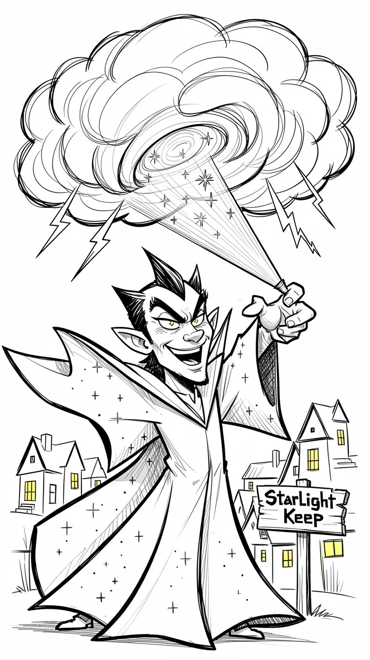 [Fantasy & Imaginative Scenarios] Imaginative fantasy scene of a valiant star sorcerer protecting a village from an approaching storm, brimming with wonder