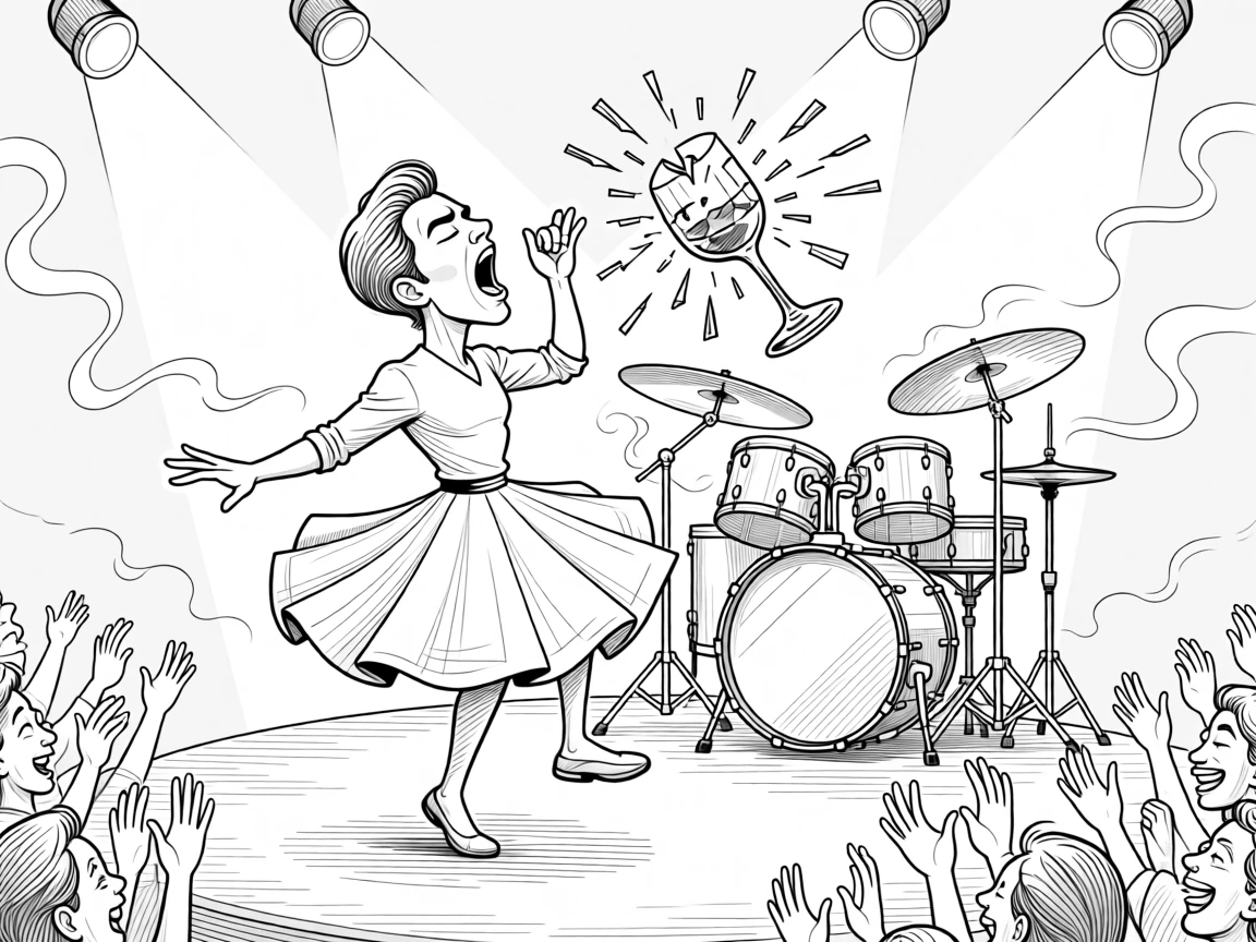 A opera singer hitting a note that shatters a nearby glass, spinning on one palm as the crowd claps along, set behind a gleaming drum kit under stage lights. Smoke curls lazily around the stage lights. There's an infectious, larger-than-life energy to the moment.